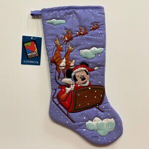 90s Disney Christmas Stocking Xmas Holiday Quilted Decor Mickey Sleigh Ride